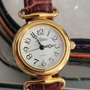 Pierre Jacquard Womens Watch White Dial Gold Tone Leather Straps Quartz Japan